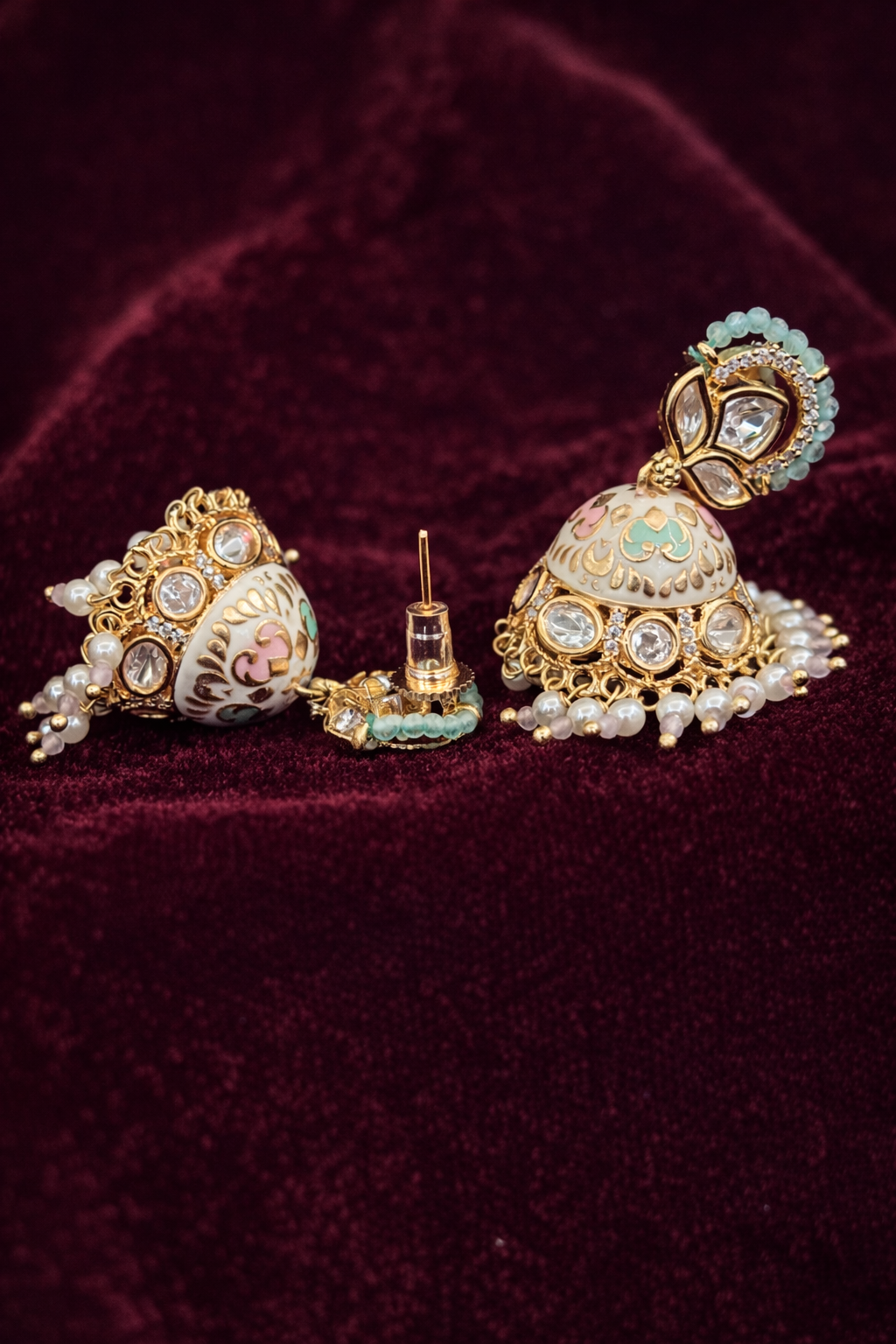 The Mint & Pink Lotus Jhumkas | Meenakari & Pearl Drops