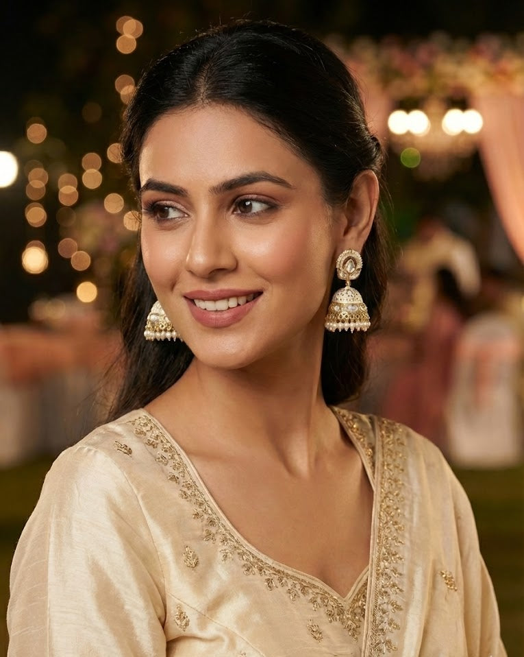The Ivory Lotus Jhumkas | Meenakari & Pearl Drops
