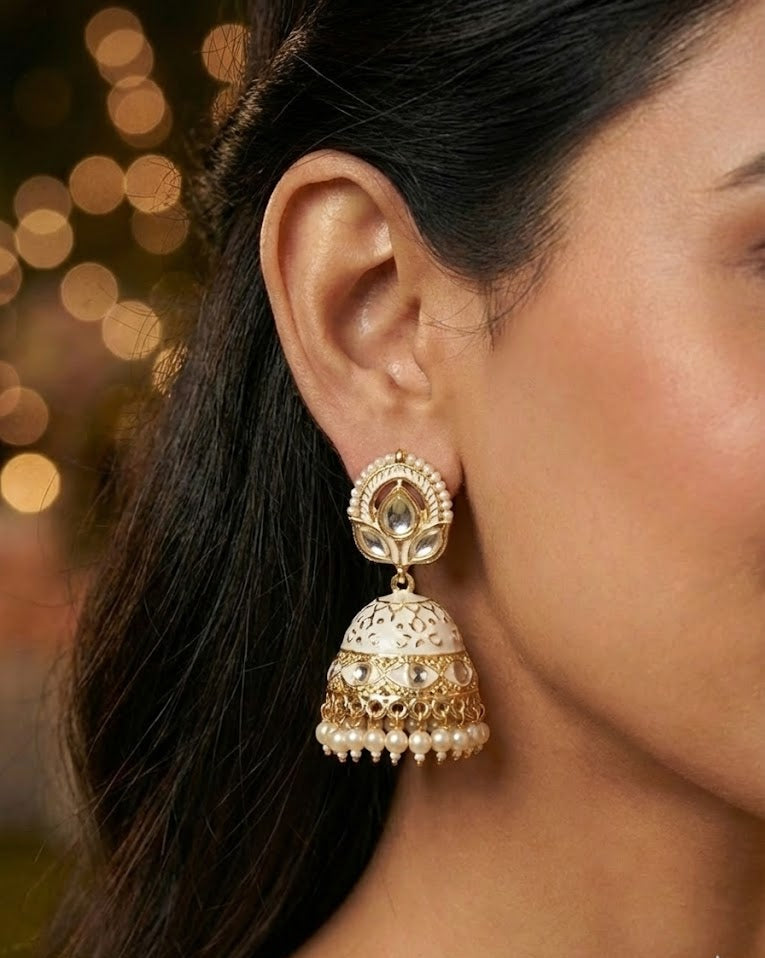 The Ivory Lotus Jhumkas | Meenakari & Pearl Drops