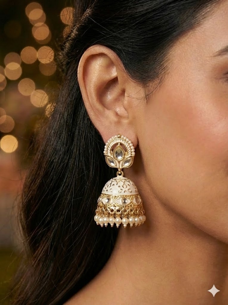 The Ivory Lotus Jhumkas | Meenakari & Pearl Drops