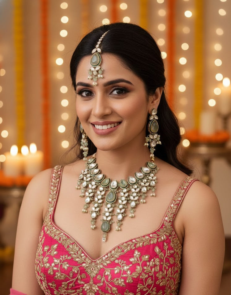 The Maharani’s Garden - Mint Green Kundan Floral Bib Necklace Set with Pearl Accents
