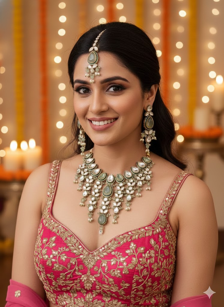 The Maharani’s Garden - Mint Green Kundan Floral Bib Necklace Set with Pearl Accents