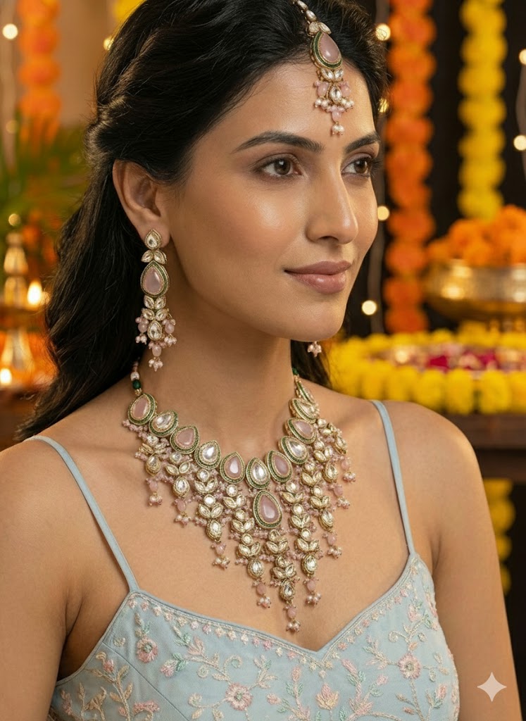 The Maharani’s Garden - Blush Pink Kundan Floral Bib Necklace Set with Pearl Accents