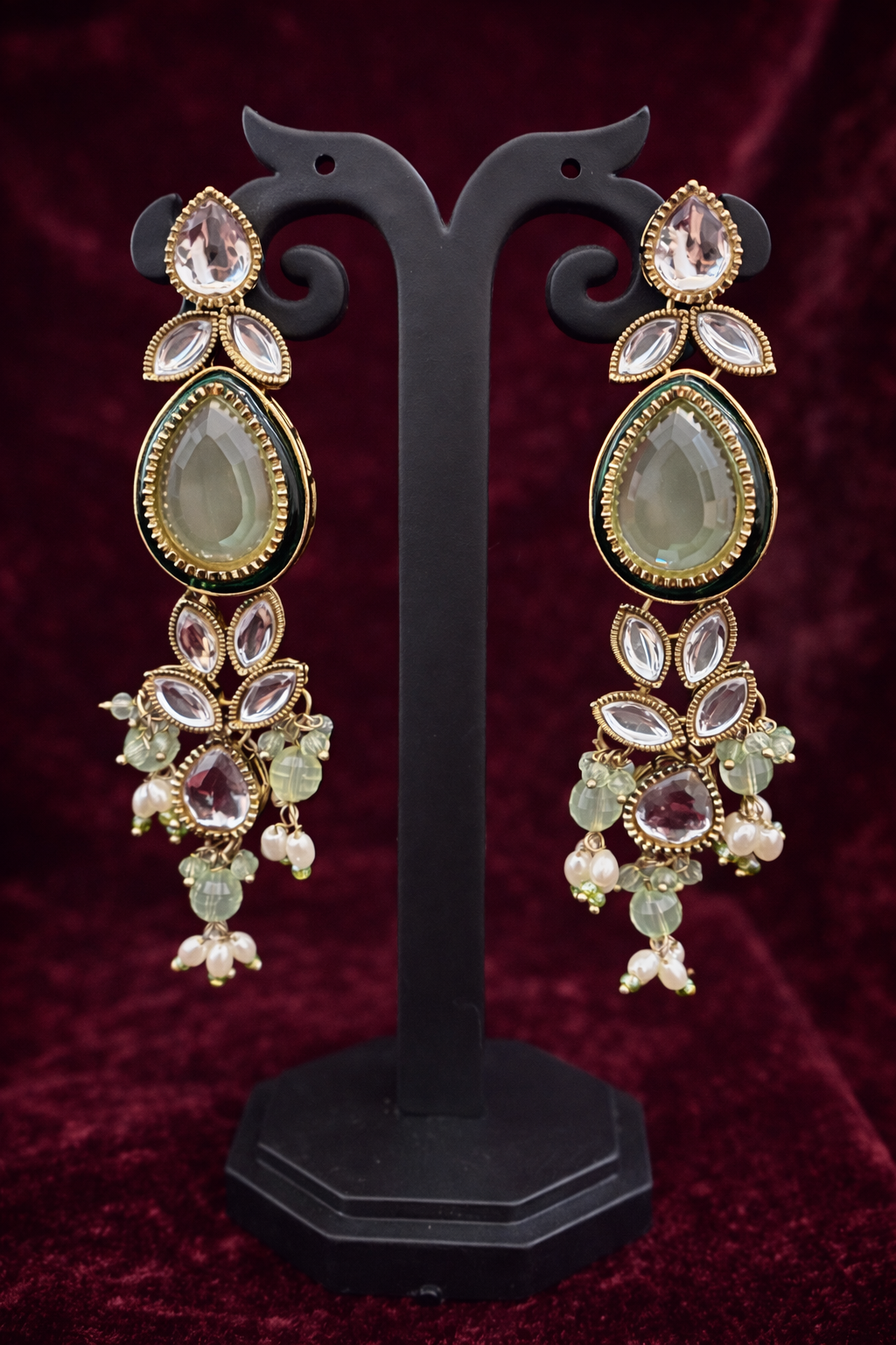 The Maharani’s Garden - Mint Green Kundan Floral Bib Necklace Set with Pearl Accents