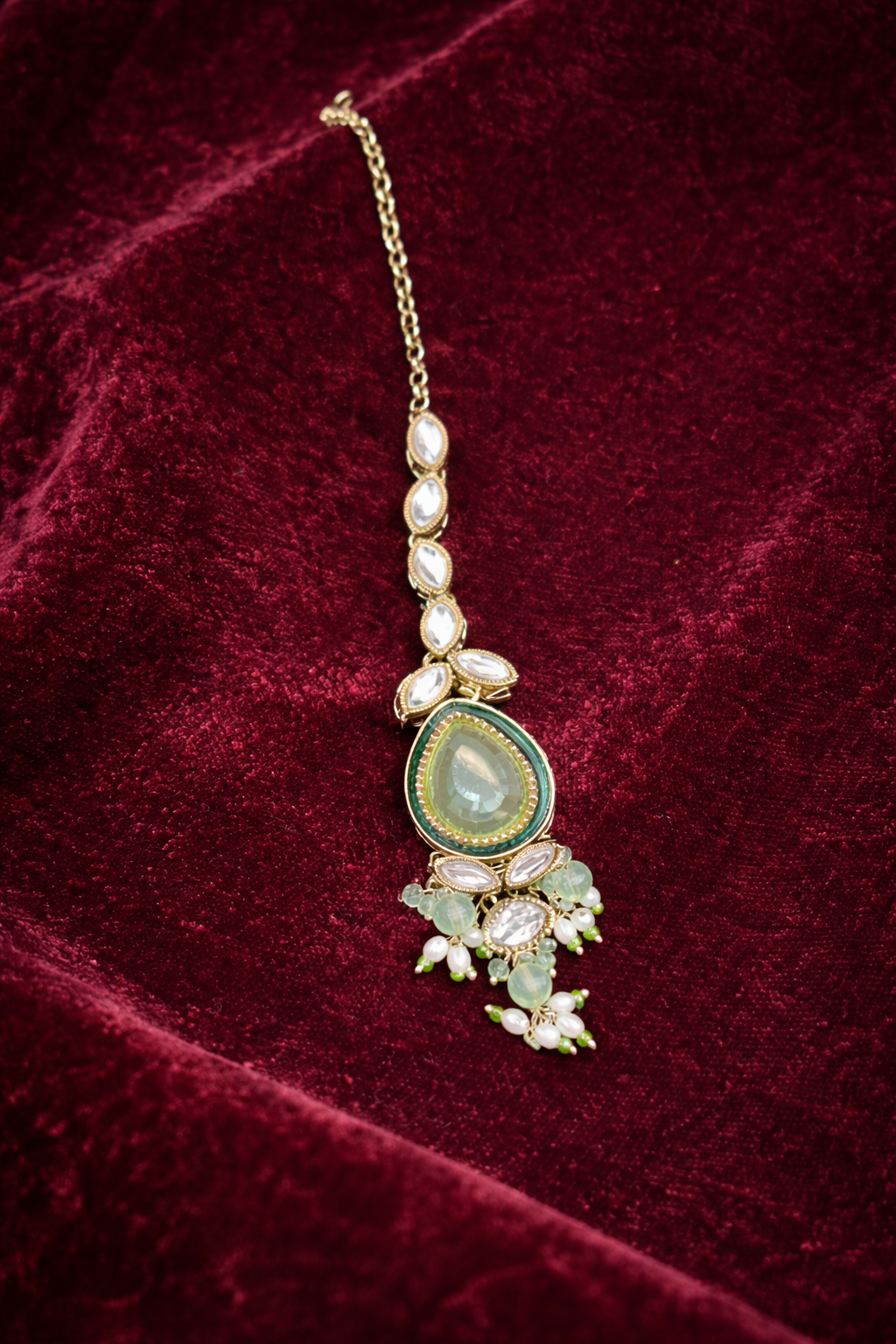 The Maharani’s Garden - Mint Green Kundan Floral Bib Necklace Set with Pearl Accents
