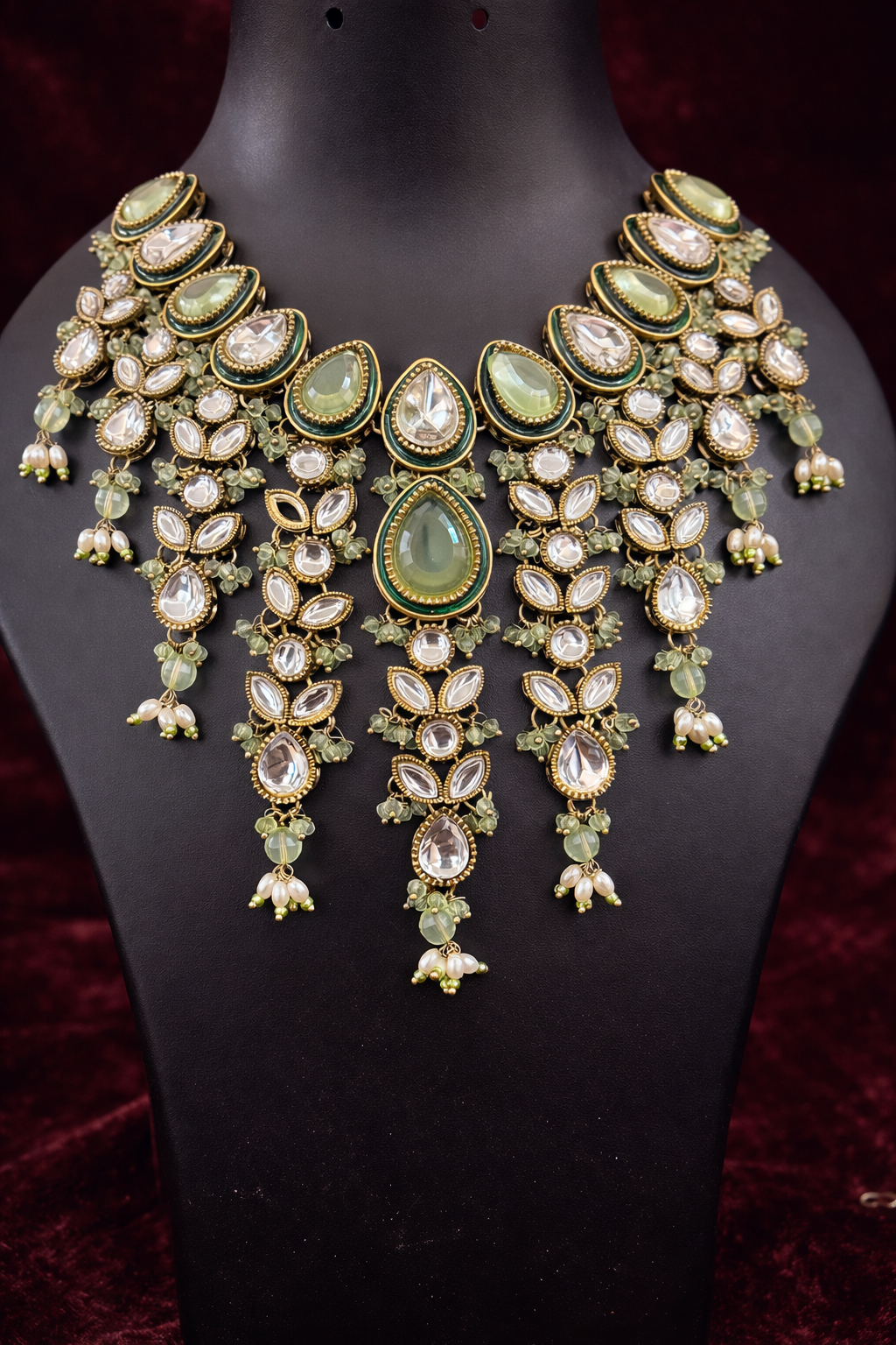 The Maharani’s Garden - Mint Green Kundan Floral Bib Necklace Set with Pearl Accents