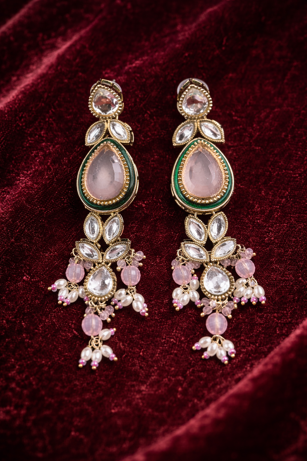 The Maharani’s Garden - Blush Pink Kundan Floral Bib Necklace Set with Pearl Accents