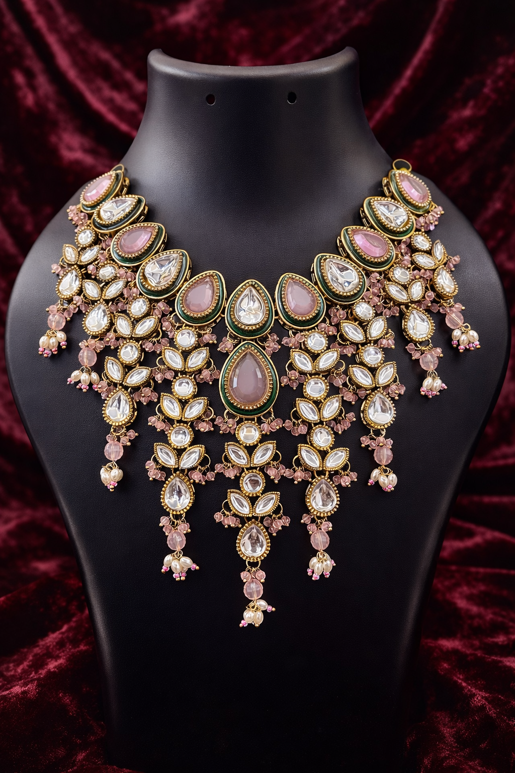 The Maharani’s Garden - Blush Pink Kundan Floral Bib Necklace Set with Pearl Accents