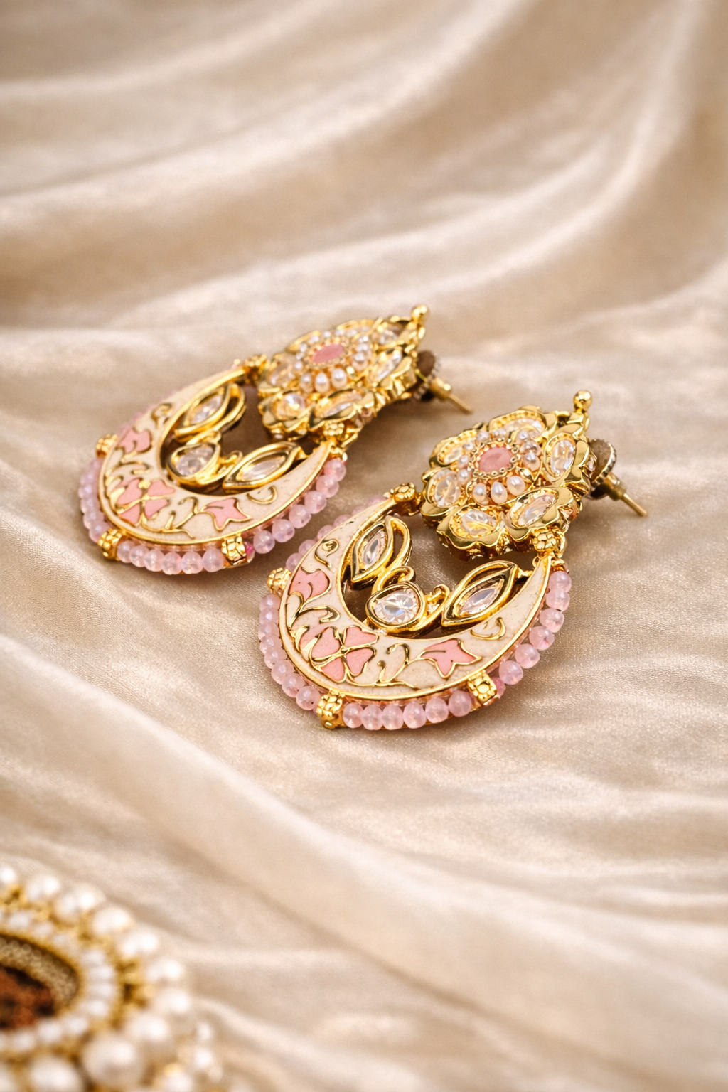 Blush Pink Meenakari & Kundan Chandbali Earrings