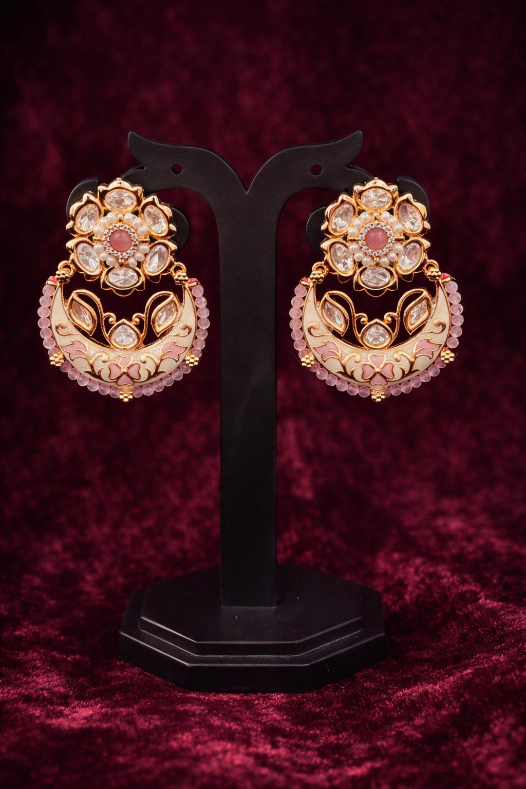 Blush Pink Meenakari & Kundan Chandbali Earrings