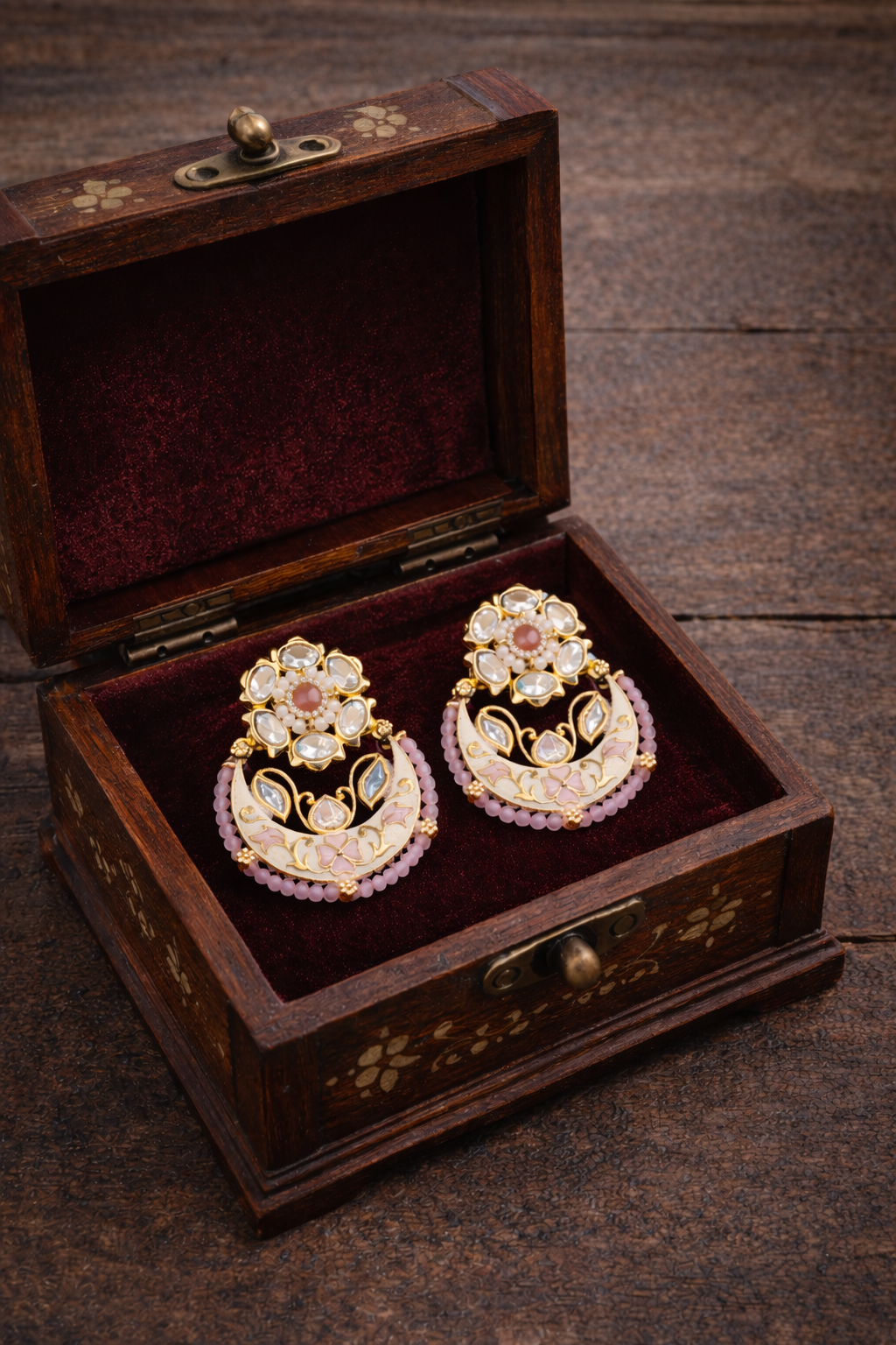 Blush Pink Meenakari & Kundan Chandbali Earrings