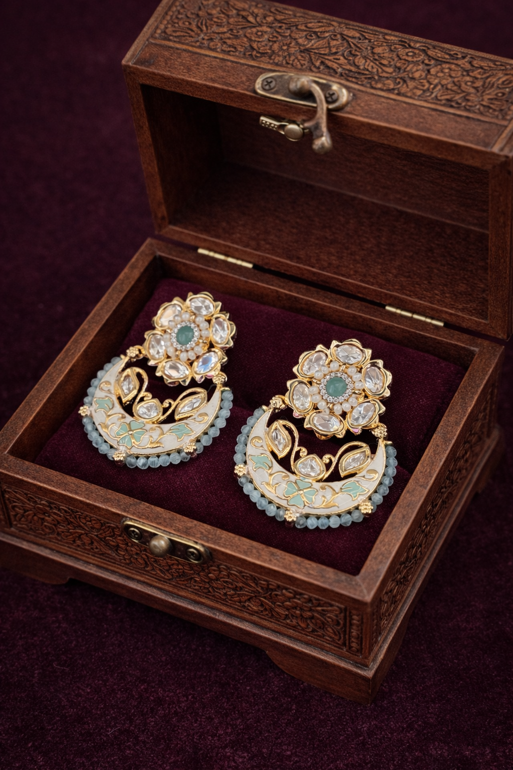 Mint Green Meenakari & Kundan Chandbali Earrings