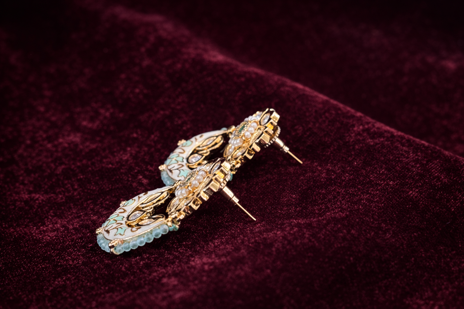 Mint Green Meenakari & Kundan Chandbali Earrings