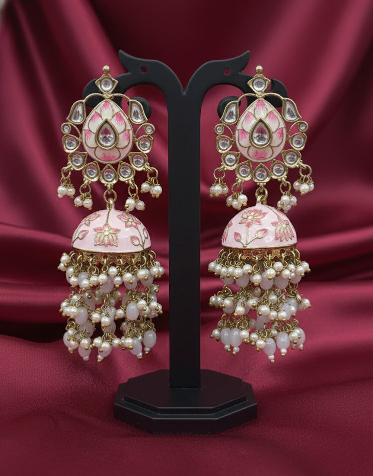 Gulmarg Rosé Floral Jhumka Earrings - Pastel Pink