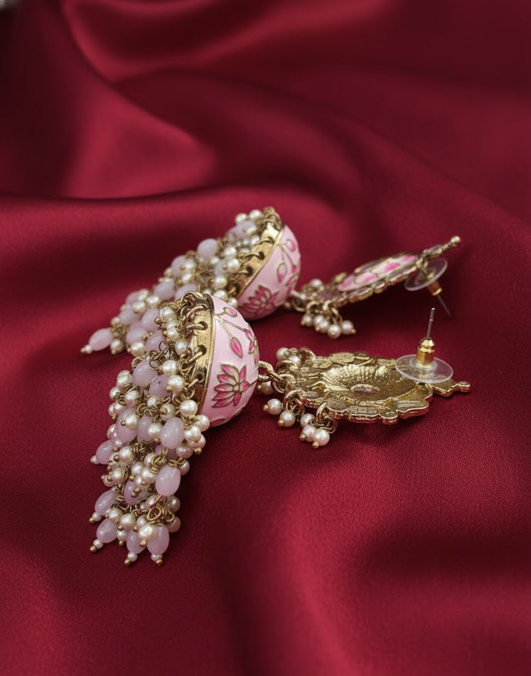 Gulmarg Rosé Floral Jhumka Earrings - Pastel Pink