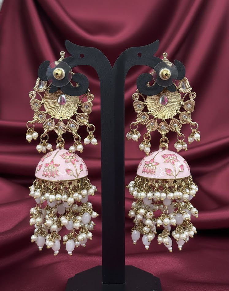 Gulmarg Rosé Floral Jhumka Earrings - Pastel Pink