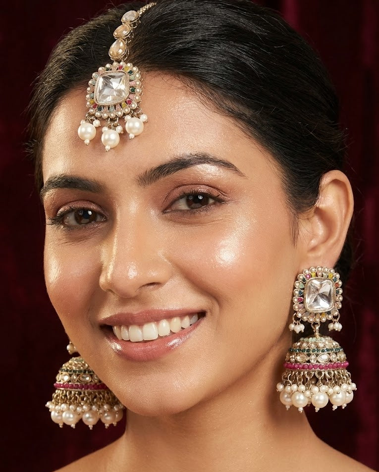 Multicolour Kundan Jhumka Earrings & Maang-Tika Set