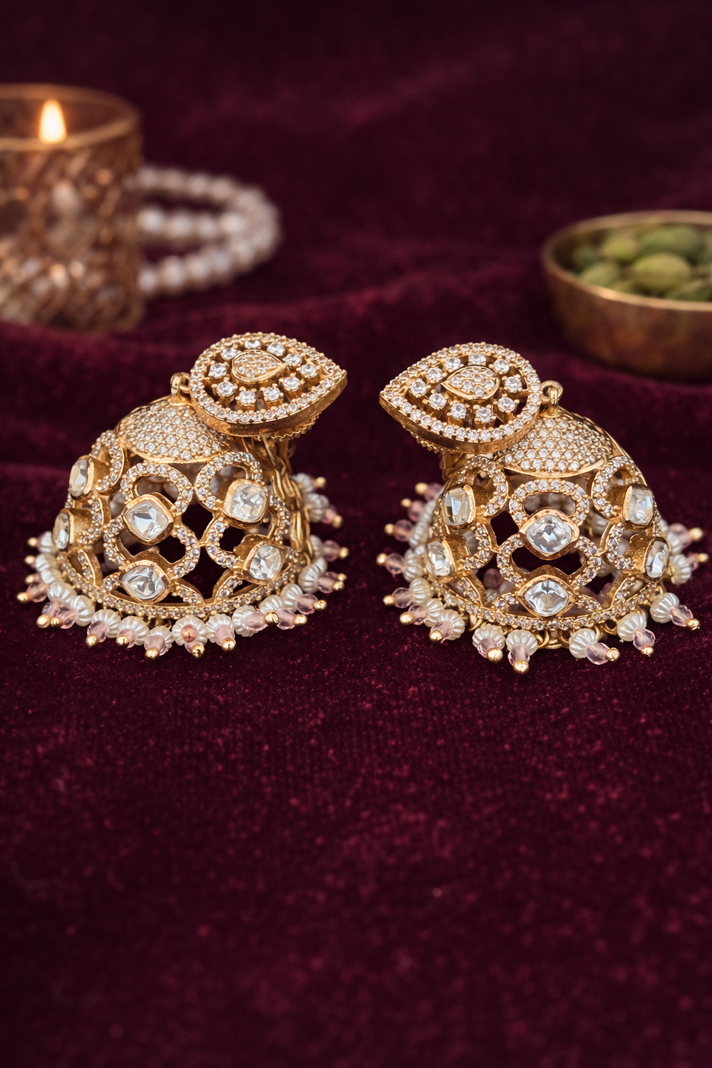 Opulent Kundan Filigree Jhumki - Pink