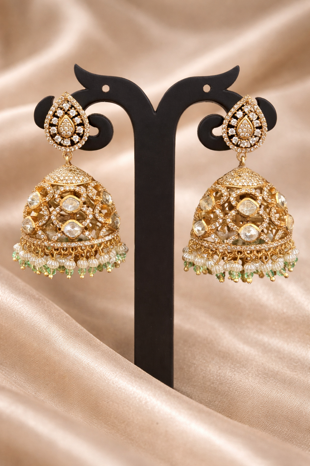 Opulent Kundan Filigree Jhumki - Mint Green