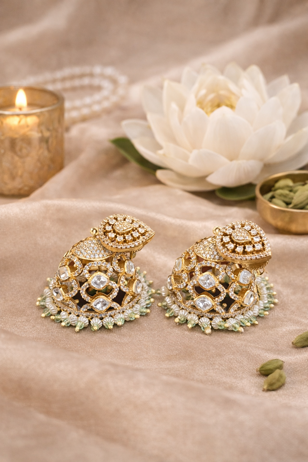 Opulent Kundan Filigree Jhumki - Mint Green