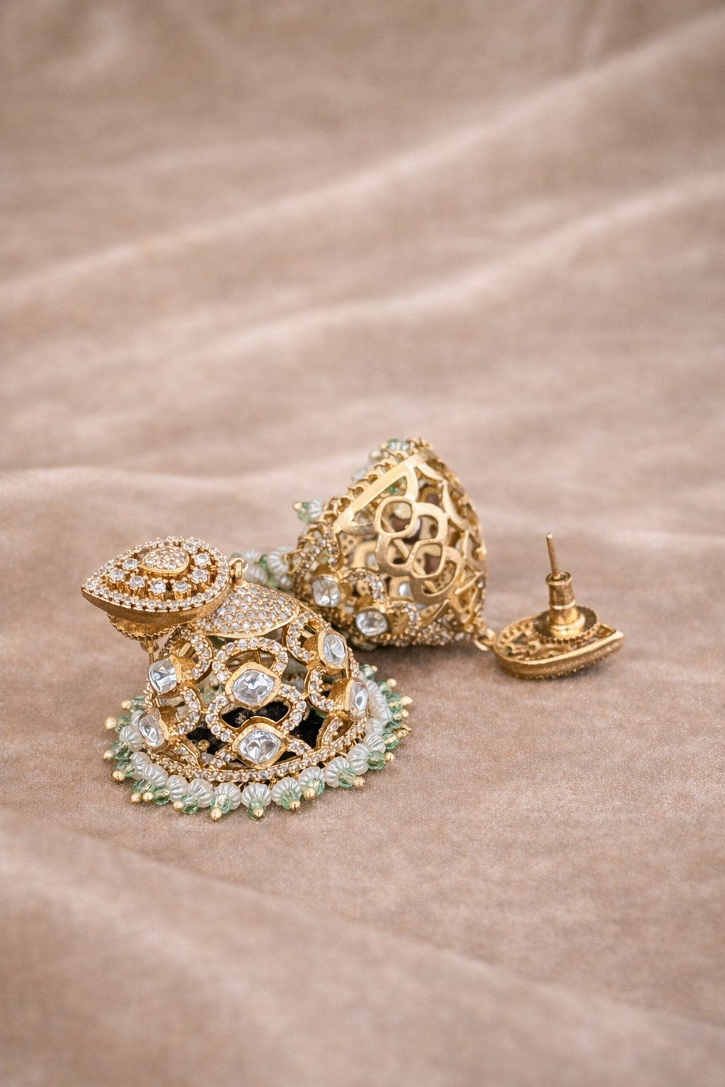 Opulent Kundan Filigree Jhumki - Mint Green