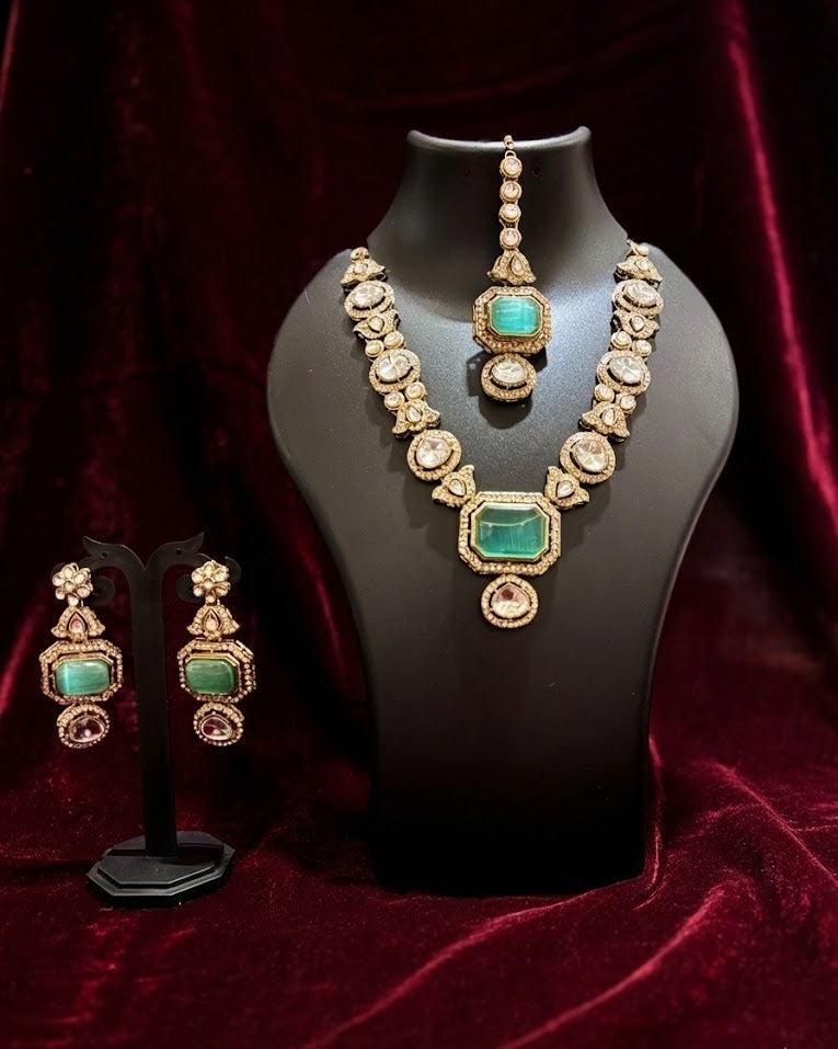 The Aqua Blue Heritage Polki Necklace & Mang-Tika Set
