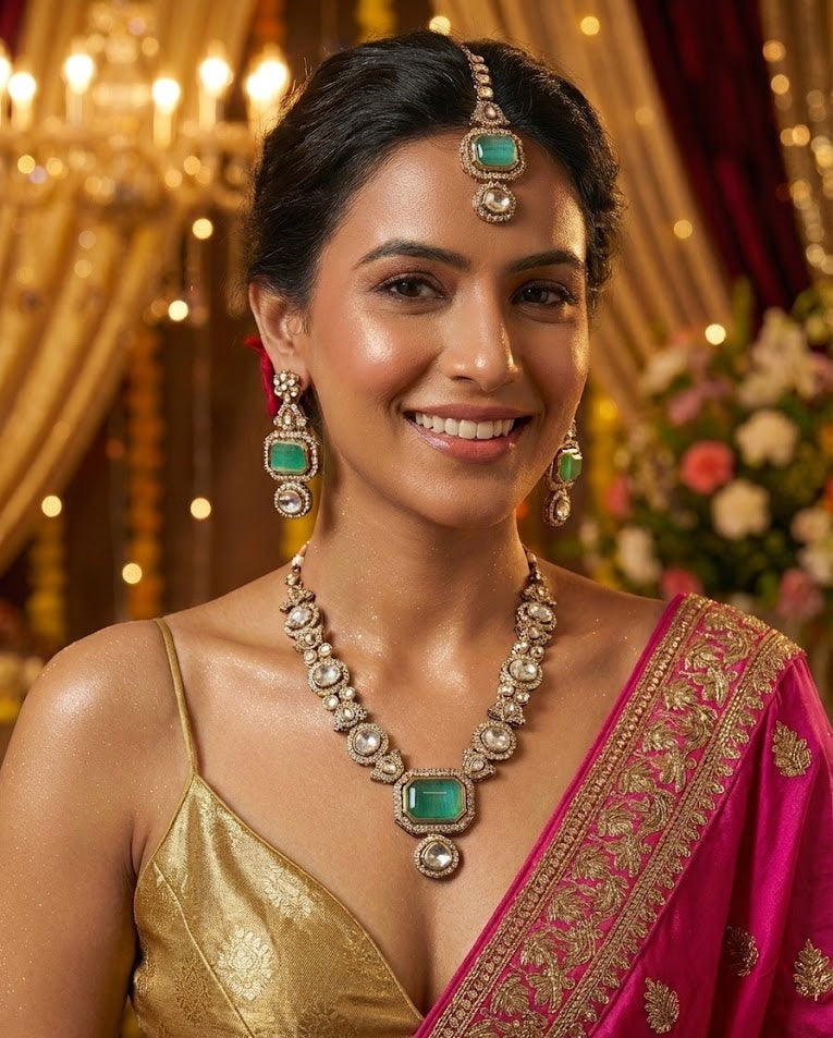 The Aqua Blue Heritage Polki Necklace & Mang-Tika Set