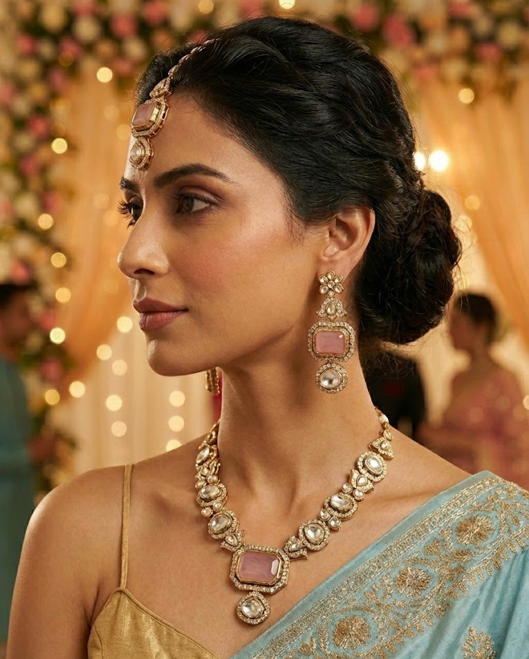 The Blush Pink Heritage Polki Necklace and Mang-Tika Set