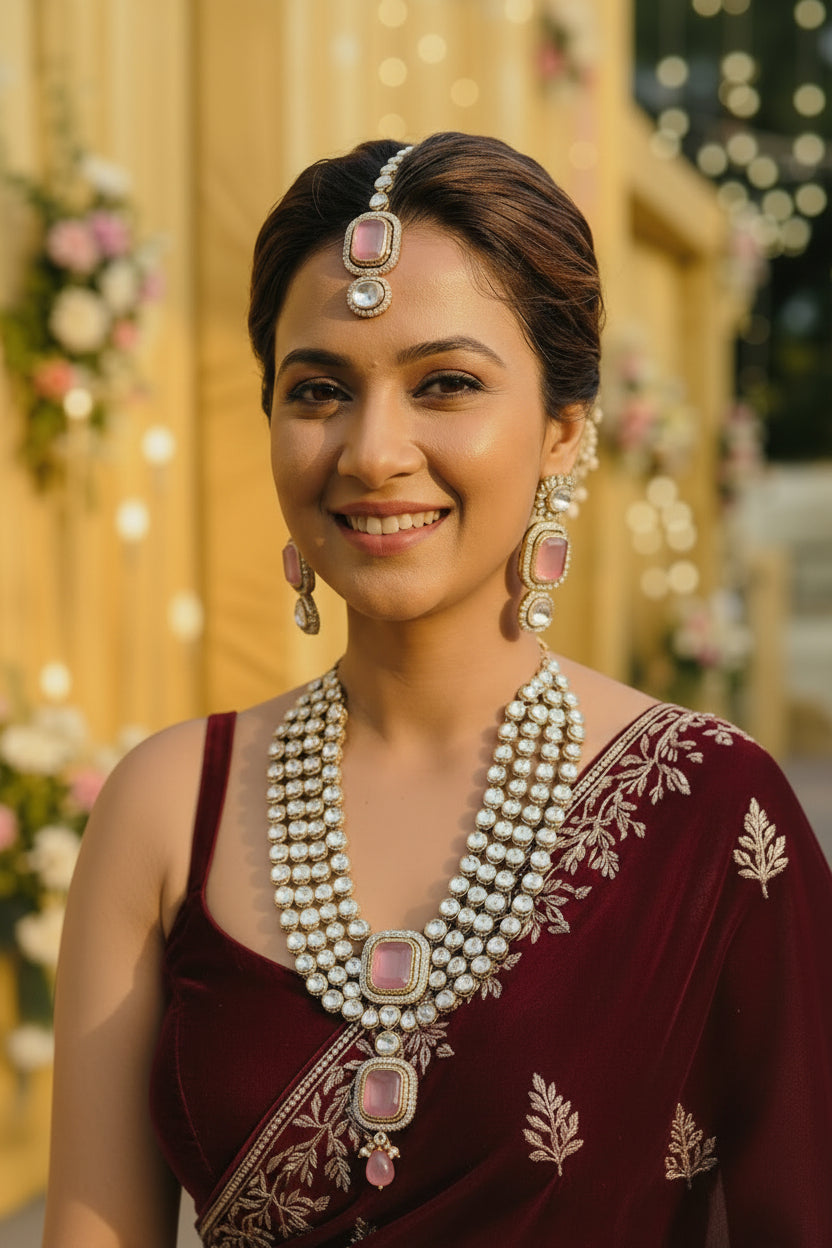 The Blush Pink Polki Rani Haar & Maang Tikka Set