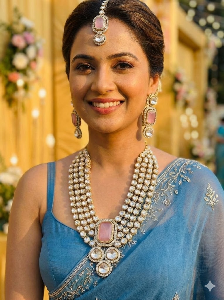 The Blush Pink Polki Rani Haar & Maang Tikka Set