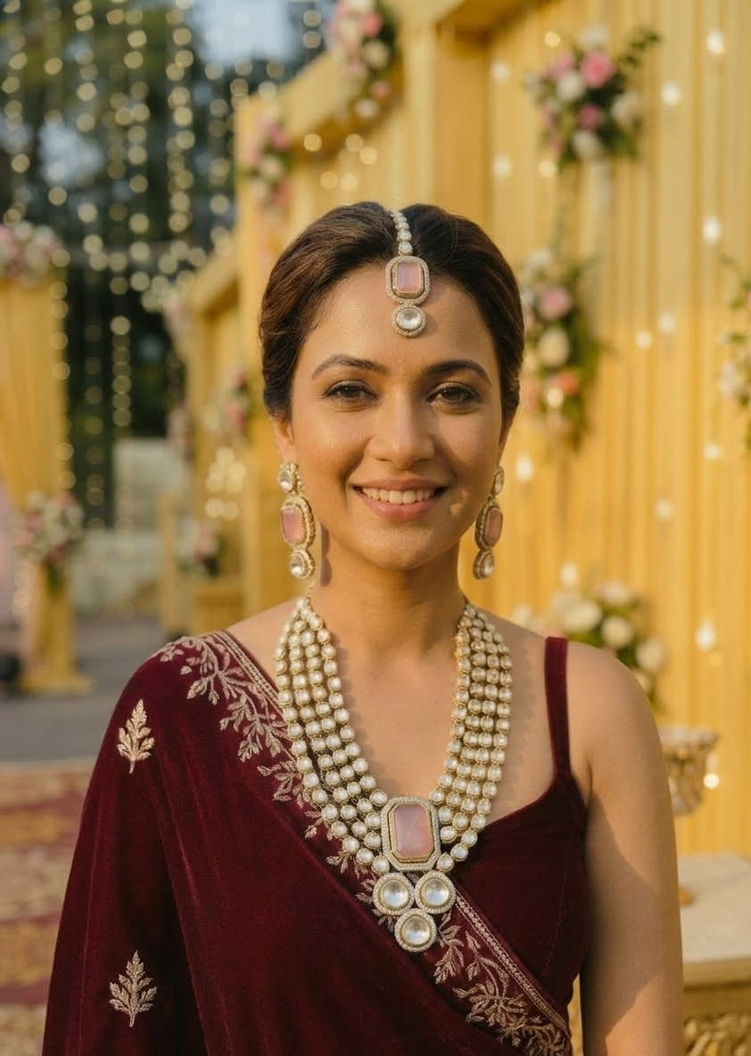 The Blush Pink Polki Rani Haar & Maang Tikka Set