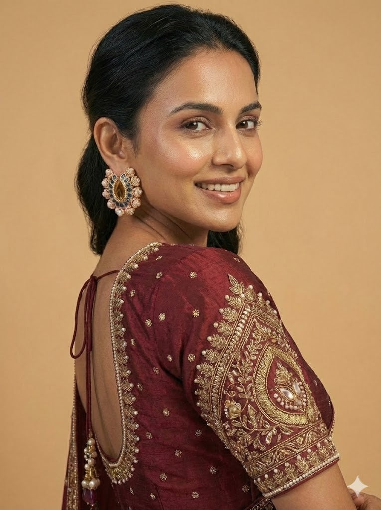 Gulmarg Floral Pearl Hoop Earrings - Deep Blue