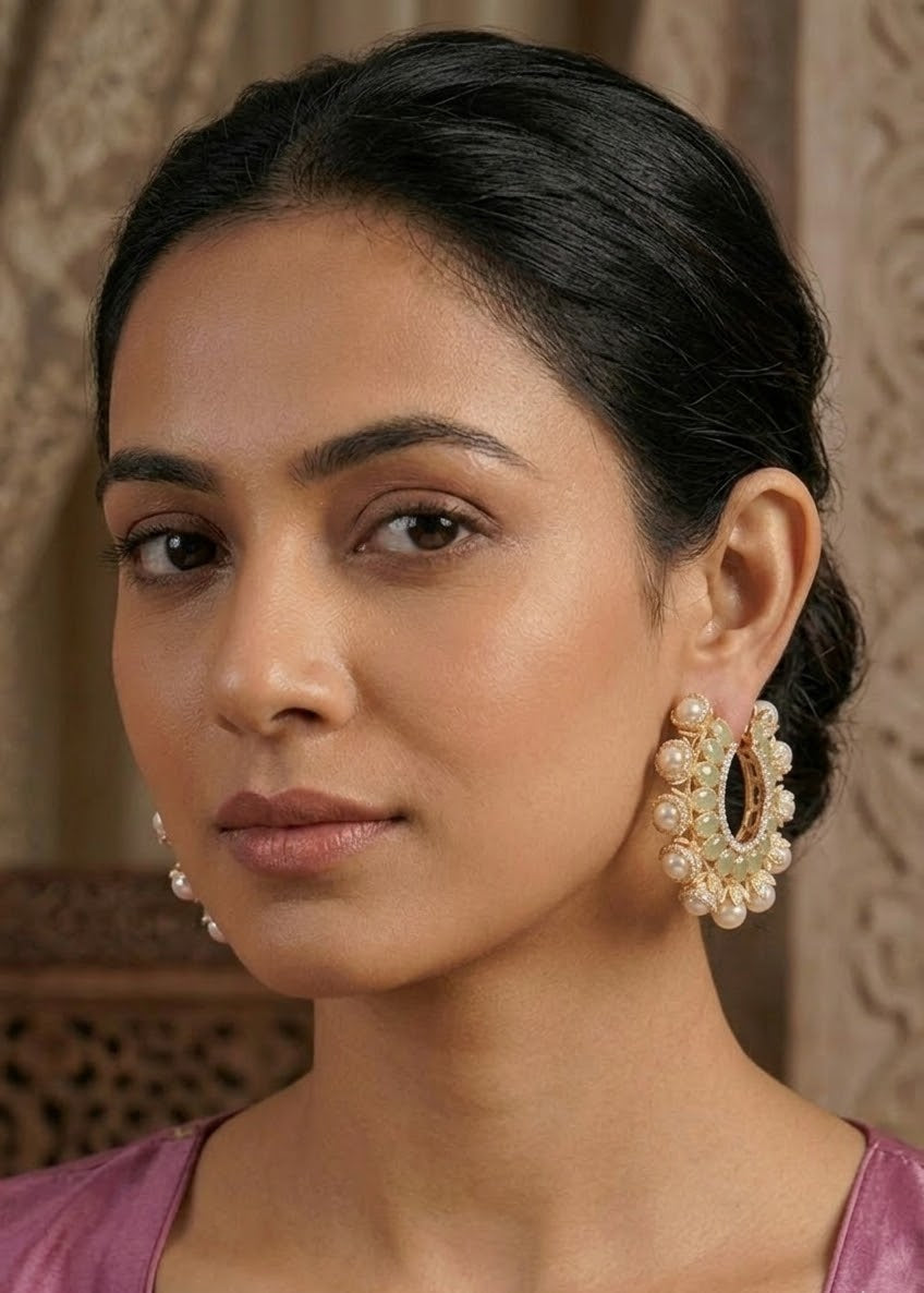 Gulmarg Floral Pearl Hoop Earrings - Mint Green