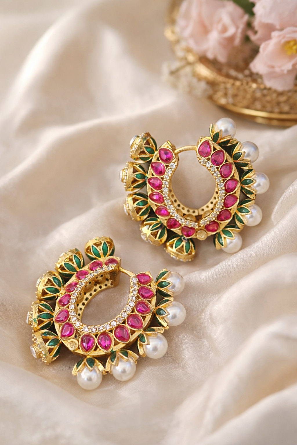Gulmarg Floral Pearl Hoop Earrings - Emerald & Ruby