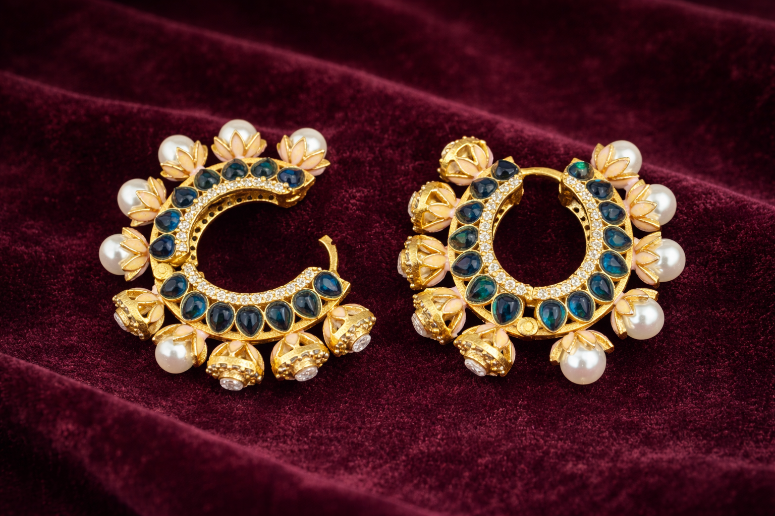 Gulmarg Floral Pearl Hoop Earrings - Deep Blue