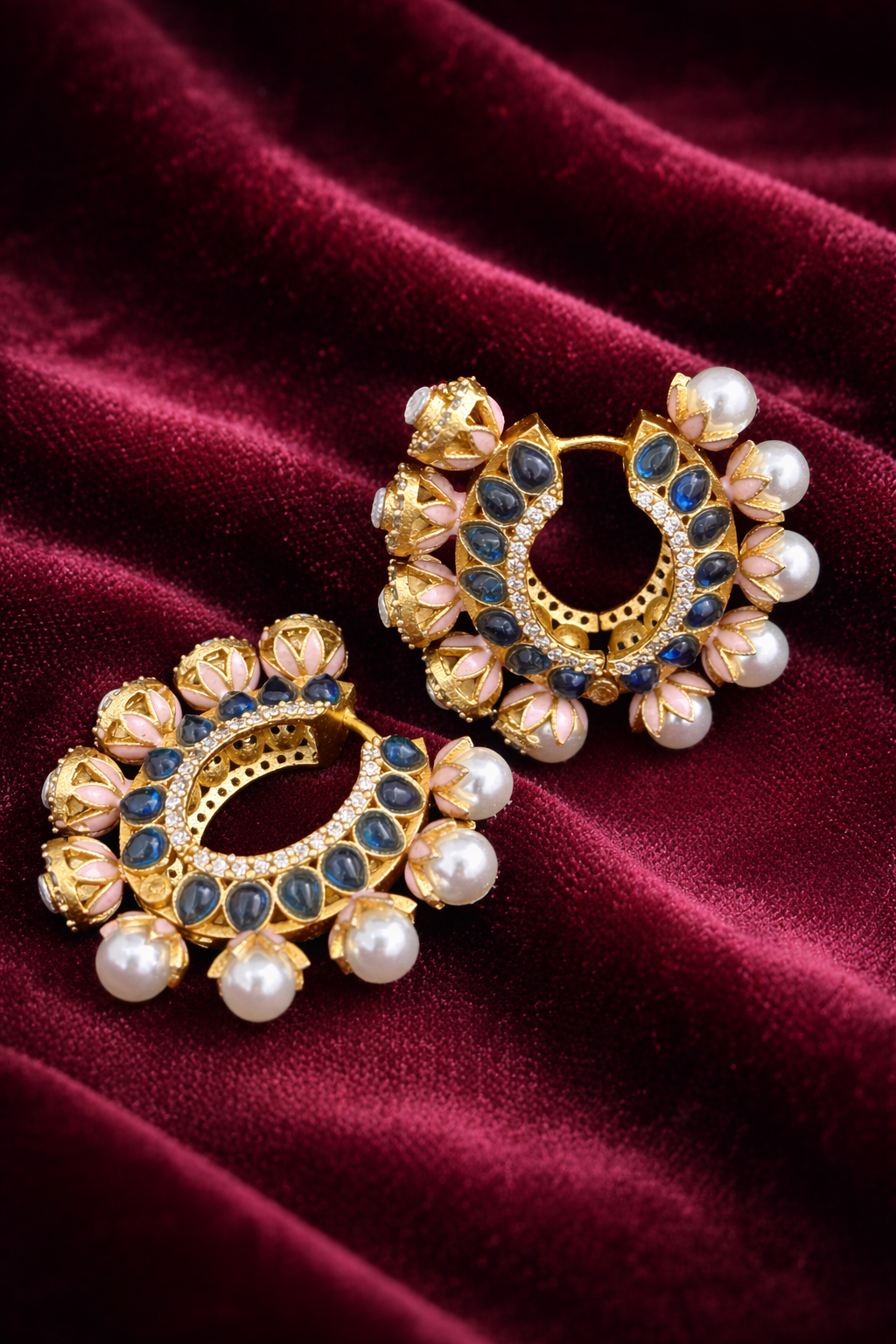 Gulmarg Floral Pearl Hoop Earrings - Deep Blue