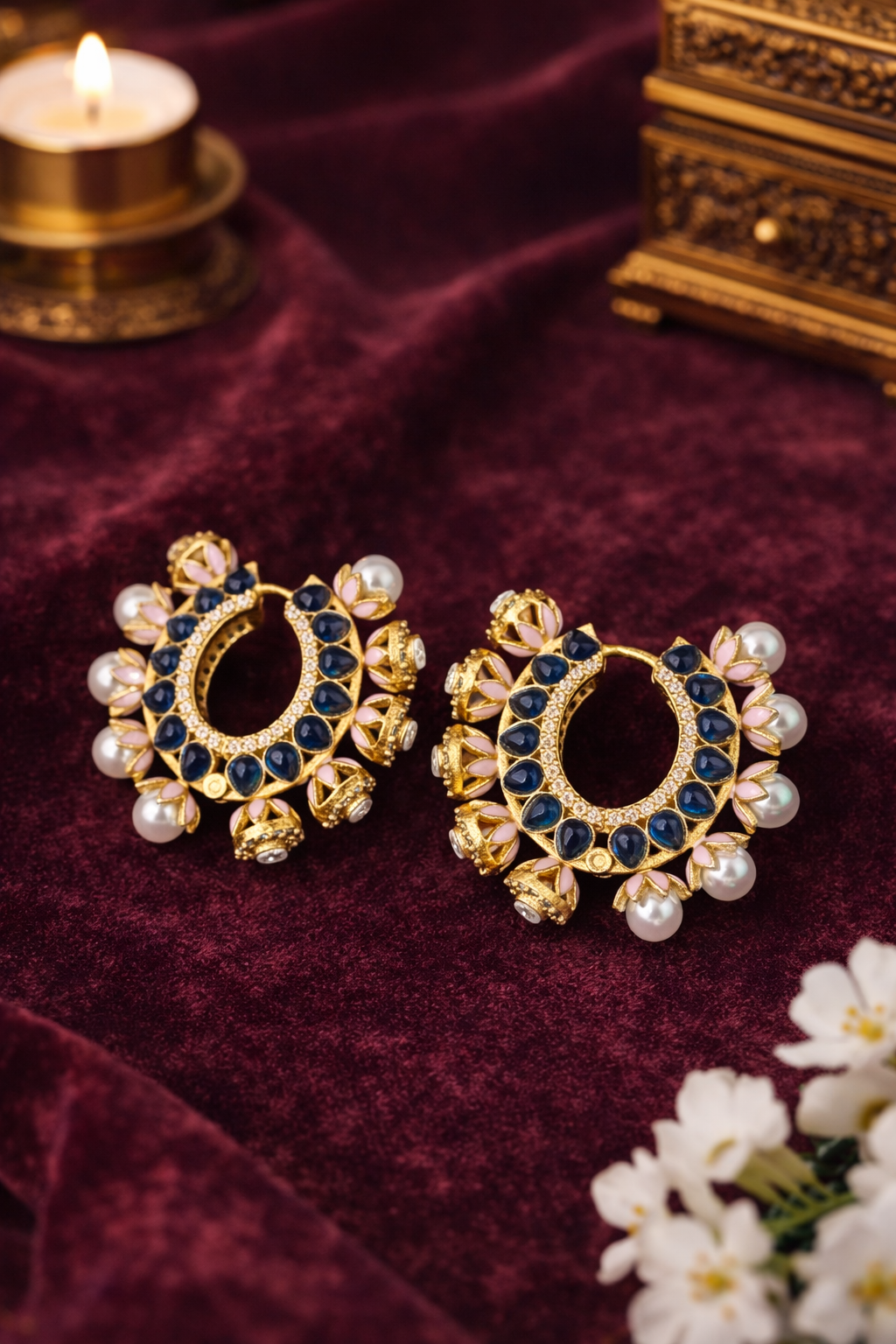 Gulmarg Floral Pearl Hoop Earrings - Deep Blue