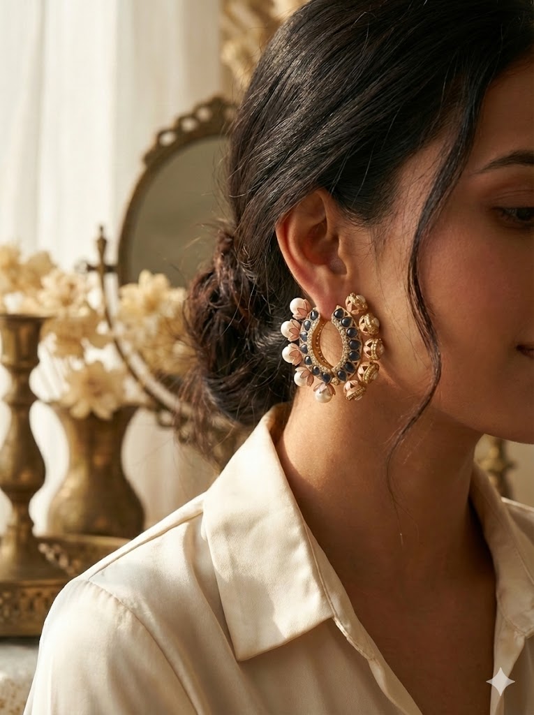 Gulmarg Floral Pearl Hoop Earrings - Deep Blue