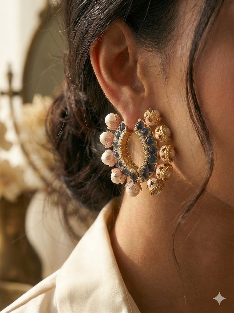 Gulmarg Floral Pearl Hoop Earrings - Deep Blue