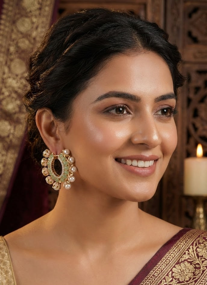 Gulmarg Floral Pearl Hoop Earrings - Mint Green