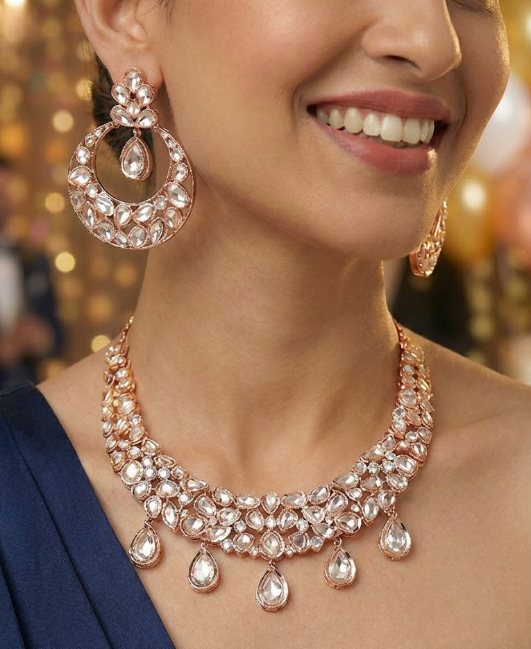 The Gulmarg Rose Gold Victorian Polki Necklace & Chandbali Set