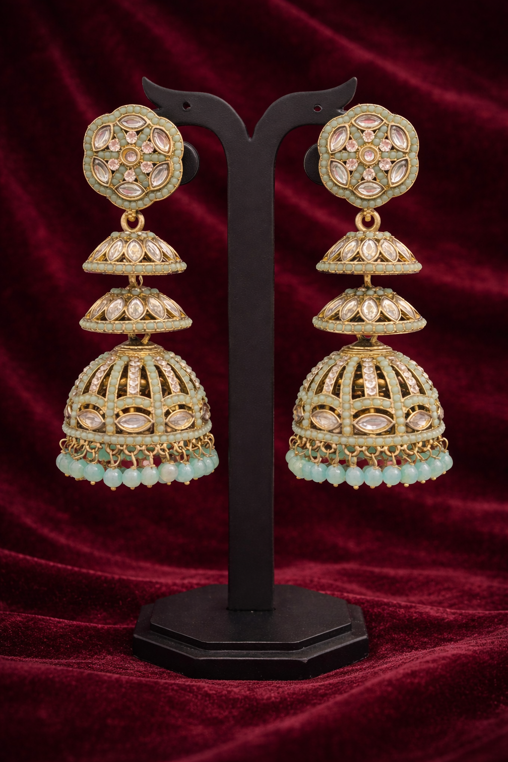 Mint Kundan Triple-Tier Jhumka Earrings - Aqua