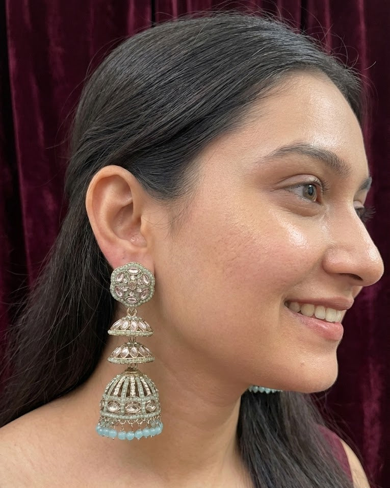 Mint Kundan Triple-Tier Jhumka Earrings - Aqua
