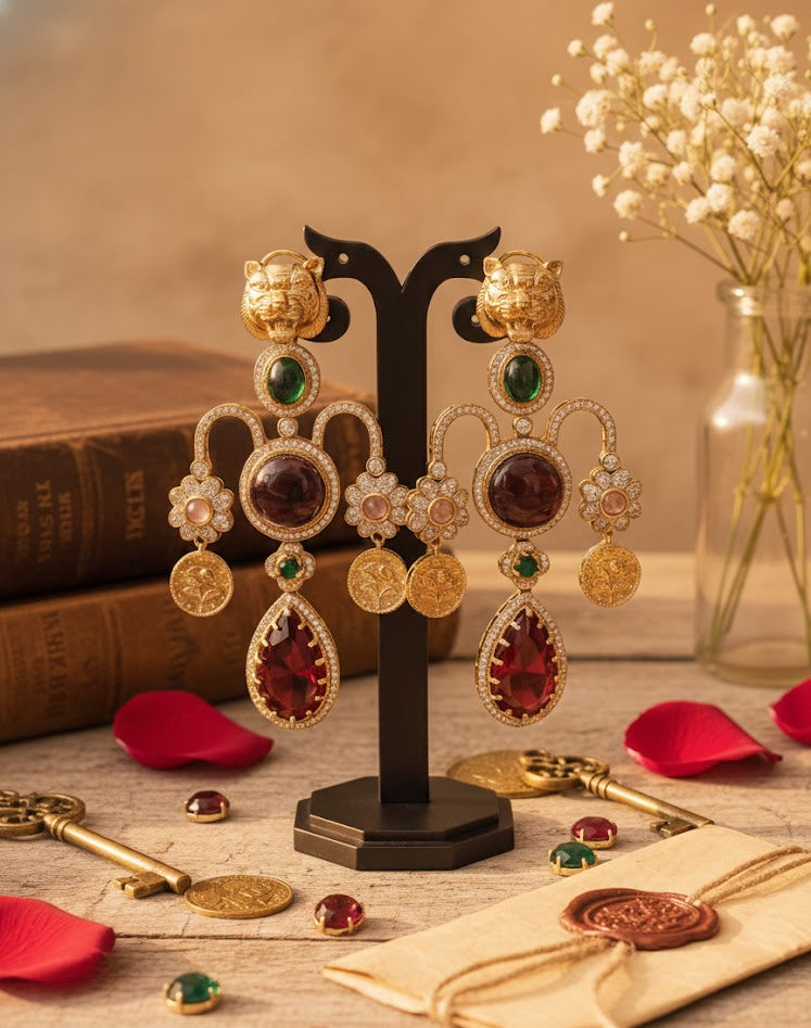 Regal Tiger Motif Statement Earrings - Deep Wine