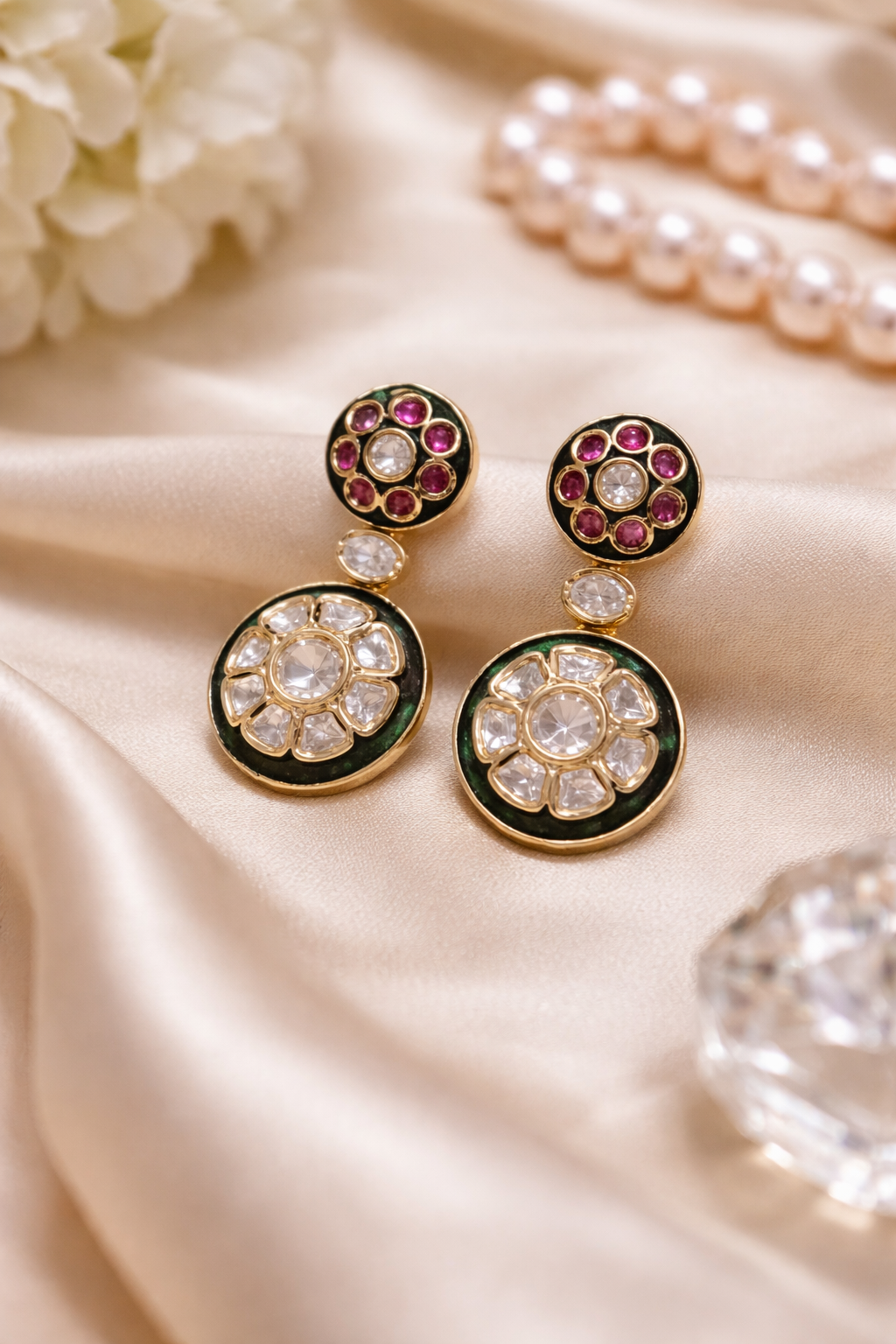 Traditional Kundan & Polki necklace  Set - Green &  Red Floral Motifs