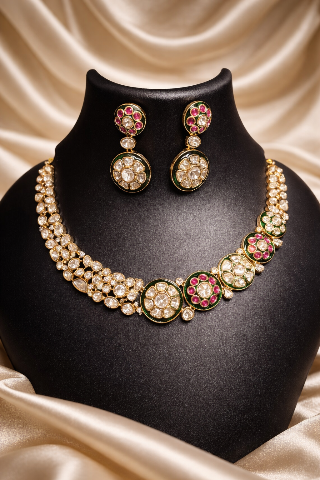 Traditional Kundan & Polki necklace  Set - Green &  Red Floral Motifs