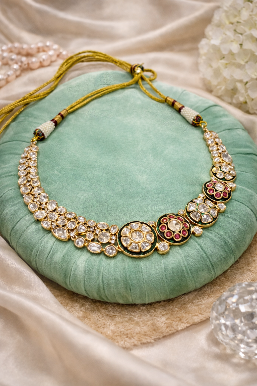 Traditional Kundan & Polki necklace  Set - Green &  Red Floral Motifs