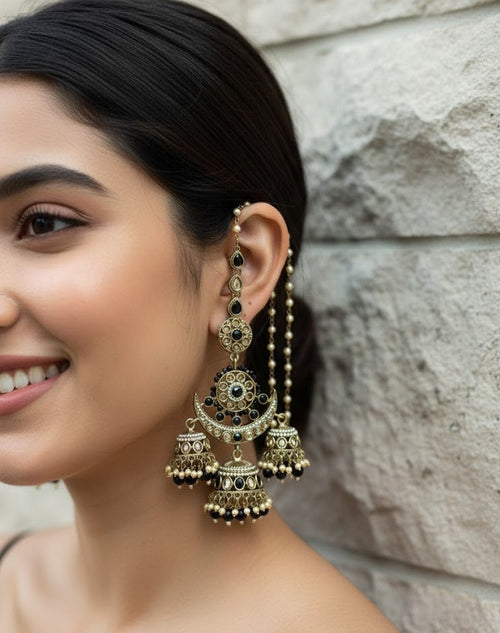 Black Chandni Triple-Layer Kaan-chain Jhumka
