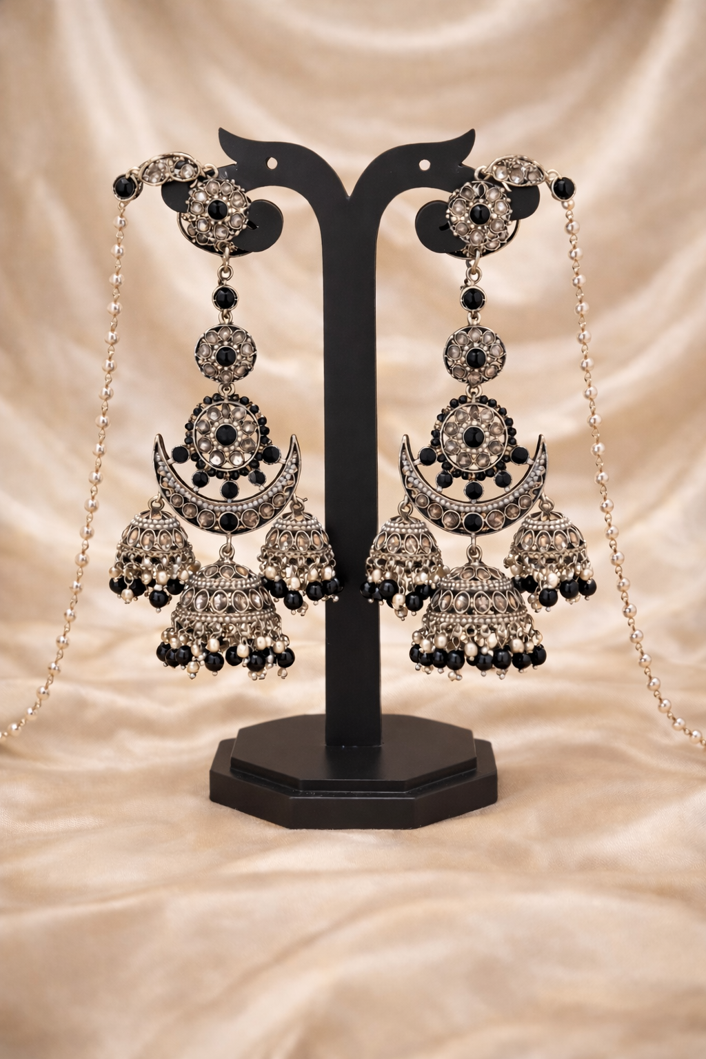 Black Chandni Triple-Layer Kaan-chain Jhumka
