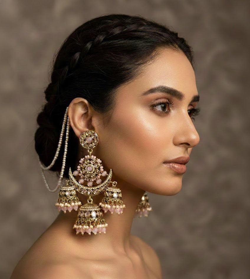 Blush Pink Chandni Triple-Layer Kaan-chain Jhumka